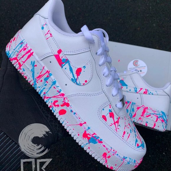 Nike Air Force 1 Custom Sneakers Splatter Gender Reveal Neon Blue Pink Shoes main image 9